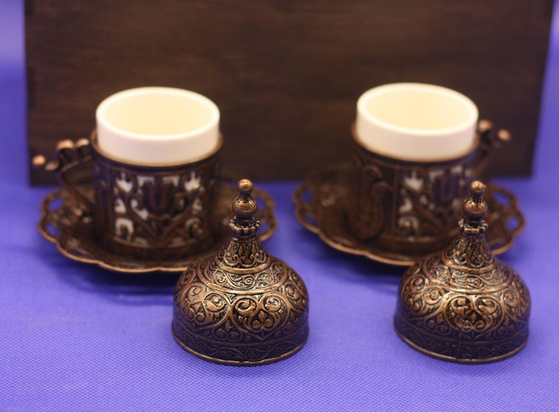 Турецкий набор для подачи кофе чашки 50 мл лукумница и ложки Демитас в коробке. Цвет медный 14652 фото