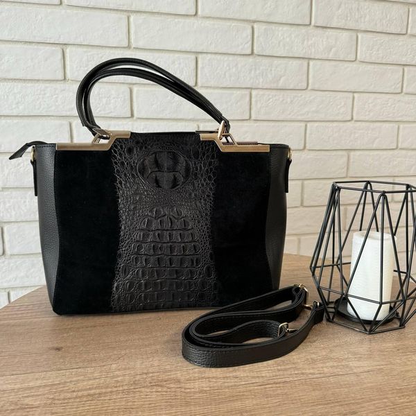 Женская замшевая сумка черная через плечо под рептилию, сумка из натуральной замши черная 1515 фото