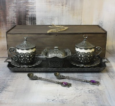 Турецкий набор на подносе 110 мл посуда для кофе в коробке, Темное серебро 15770 фото