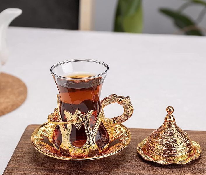 Набор турецких стаканов 6 шт. Армуды с лукумницей для чая и кофе. Золото 14814 фото