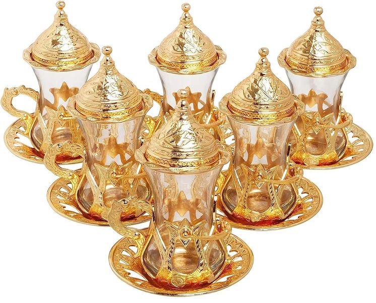 Набор турецких стаканов 6 шт. Армуды с лукумницей для чая и кофе. Золото 14814 фото