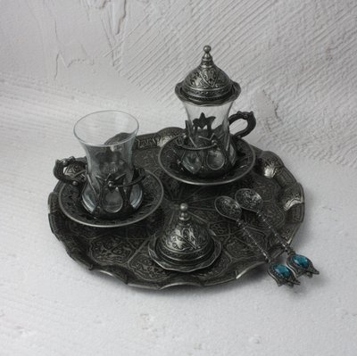 Турецкий набор #144 для подачи кофе Армуды на подносе Темное Серебро 18713 фото