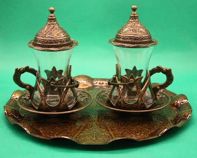 Турецкий набор #50 для подачи кофе Армуды с лукумницами Бронза на подносе 14818 фото