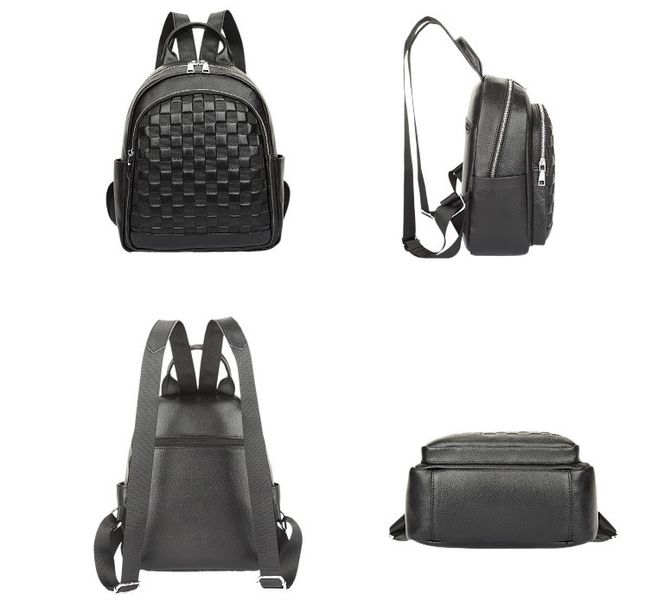 Городской женский кожаный рюкзак черный клеточка, рюкзачок для девушек из натуральной кожи 1369 фото
