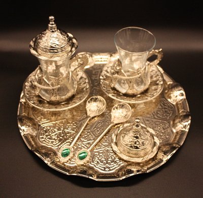 Турецкий набор #21 для подачи кофе Армуды на подносе Серебро 15149 фото