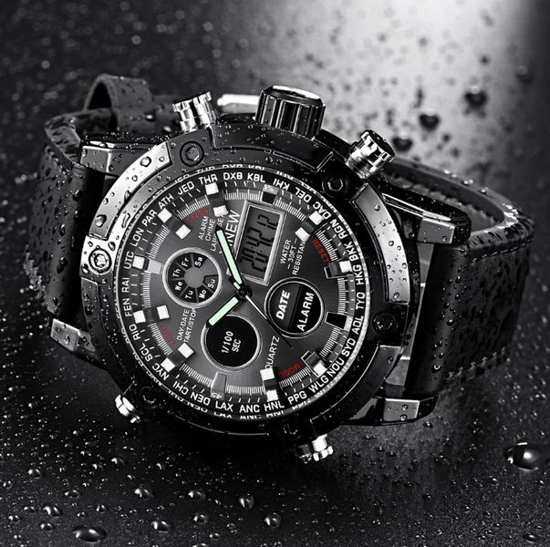 Армійський чоловічий наручний годинник чорний, міцний військовий годинник з підсвічуванням секундоміром 372 фото