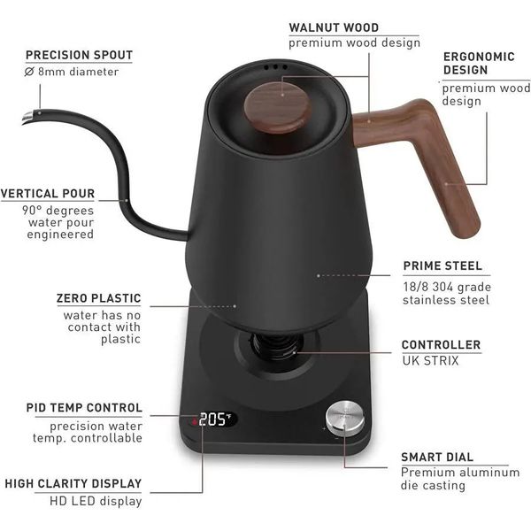 Чайник Hughes 1 л. електричний для кави Чорний Wood 300502 фото