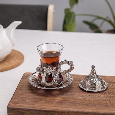 Турецкий стакан Армуды с лукумницей для чая и кофе. Светлое Серебро 14524 фото
