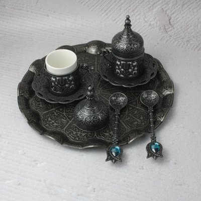 Турецкий набор #133 для подачи кофе 50 мл Демитас на подносе Темное серебро 18702 фото