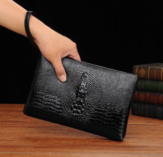 Великий чоловічий клатч барсетка для документів чорний крокодил, чоловіча сумка гаманець для телефону рептилія 693 фото