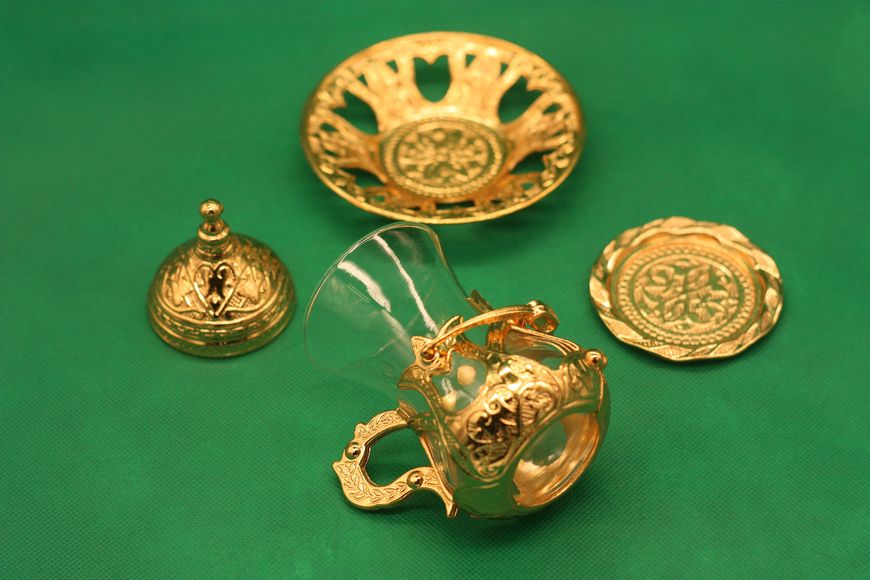 Турецкий стакан Армуды с лукумницей для чая и кофе. Золото 14813 фото