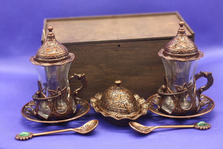 Турецкий набор для подачи кофе Армуды 120 мл и лукумница в коробке. Медный цвет 14656 фото