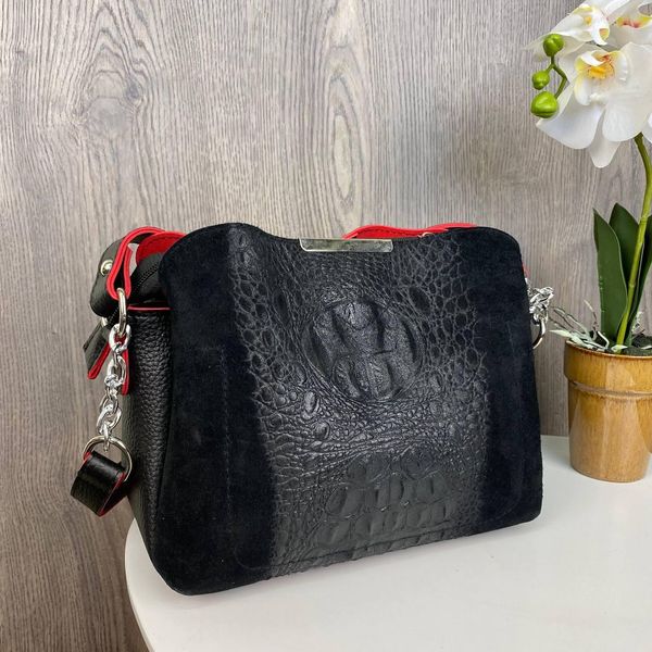Женская замшевая сумочка на плечо под рептилию с красными вставками, сумка замша 1093КР фото