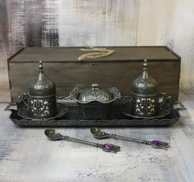 Турецкий набор на подносе 50 мл посуда для кофе в коробке, Темное серебро 15771 фото
