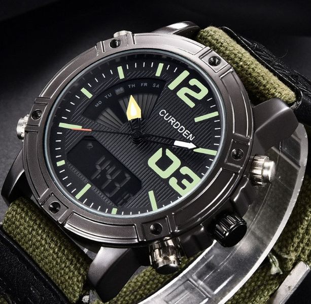 Міцний чоловічий наручний годинник армійський хакі на тканинному ремінці, військовий годинник на руку з секундоміром 1098 фото