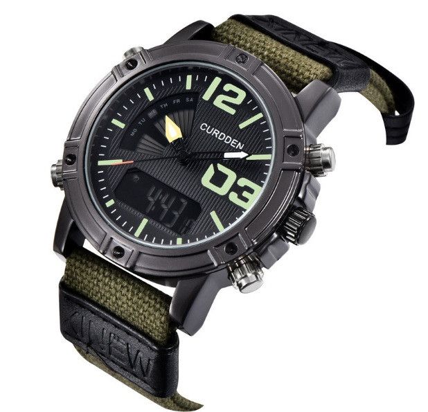 Міцний чоловічий наручний годинник армійський хакі на тканинному ремінці, військовий годинник на руку з секундоміром 1098 фото