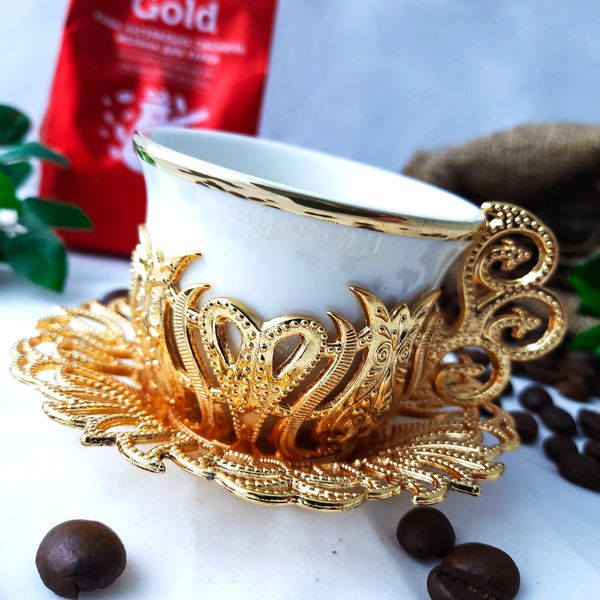 Набор турецких чашек для кофе и чая 6 шт Золото белый Демитас 14530 фото