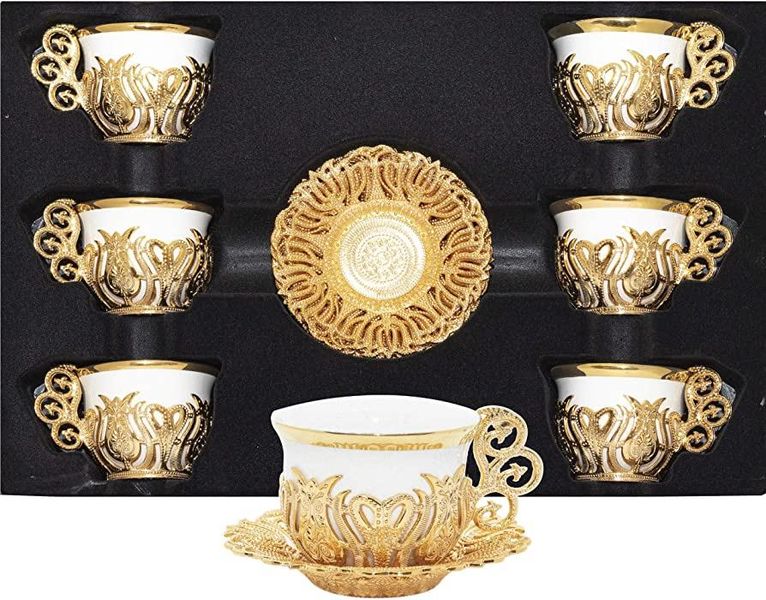 Набор турецких чашек для кофе и чая 6 шт Золото белый Демитас 14530 фото