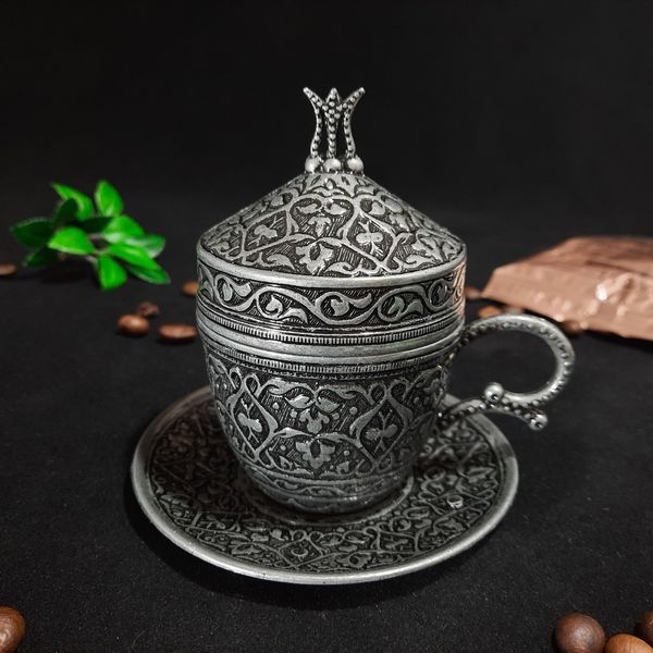 Турецкая чашка Демитас Acar с блюдцем 110 мл. Темное Серебро 14569 фото