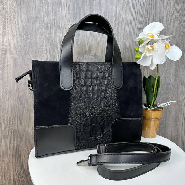 Женская замшевая сумка рептилия черная, сумочка из натуральной замши с тиснением рептилии крокодил 1370 фото