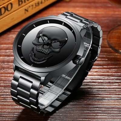 Металевий чоловічий наручний годинник з черепом чорний 489М фото