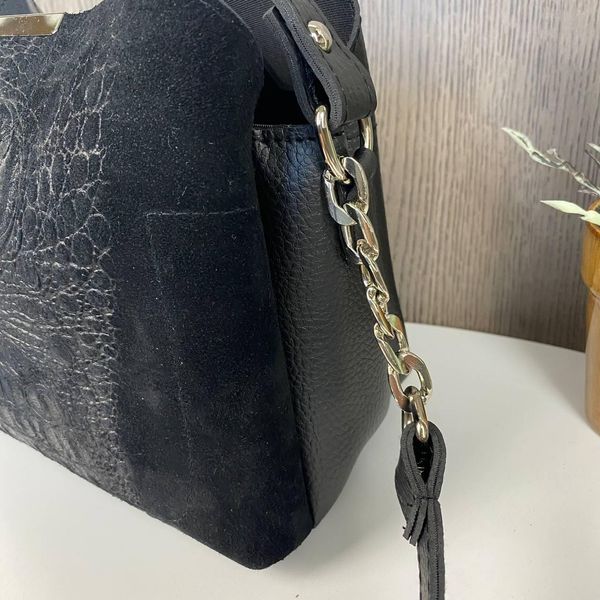 Замшевая женская сумка черная через плечо под рептилию, небольшая женская сумочка змеиная натуральная замша 1093 фото