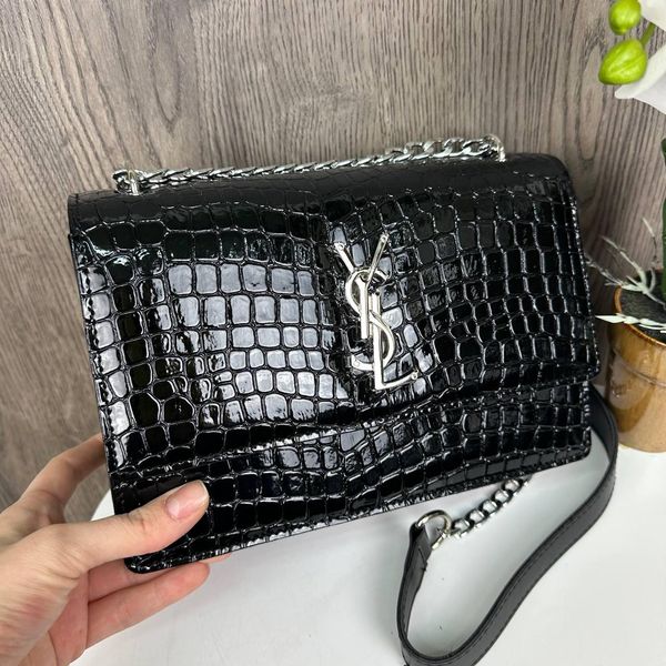 Жіноча лакова сумочка Рептилія чорна на ланцюжку, міні сумка клатч крокодил 1483 фото