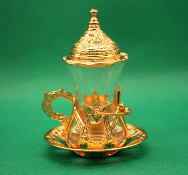 Турецкий набор #53 для подачи кофе Армуды с лукумницами золото на подносе 14815 фото