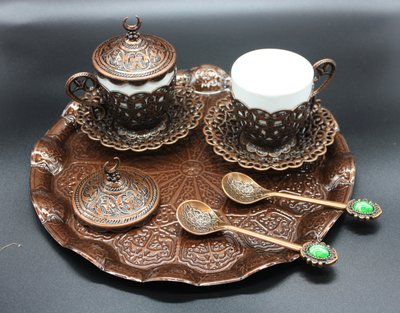 Турецький набір #77 для подачі кави чашки 110 мл демітас на розносі мідний колір 15249 фото