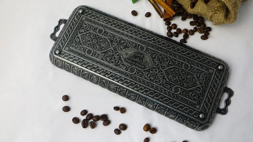Турецкий кофеный поднос в восточном стиле металлический. Цвет Темное Серебро 15017 фото