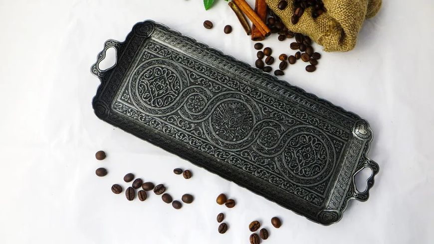 Турецкий кофеный поднос в восточном стиле металлический. Цвет Темное Серебро 15017 фото