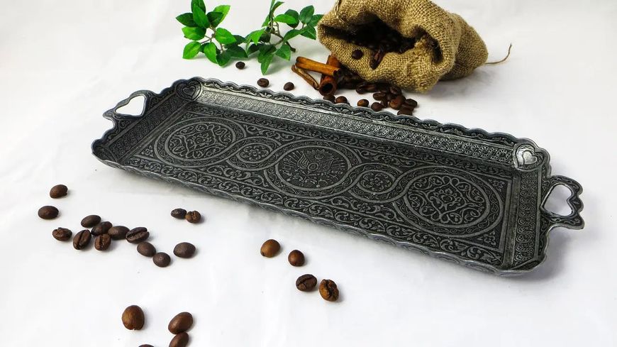 Турецький кавовий піднос у східному стилі металевий. Колір Темне Срібло 15017 фото
