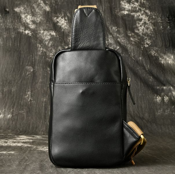 Кожаная мужская сумка бананка нагрудная, барсетка из натуральной кожи черная на грудь 1490 фото