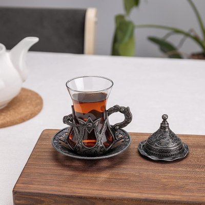 Турецька склянка Армуди з лукумницею для чаю і кави. Темне Срібло 14525 фото