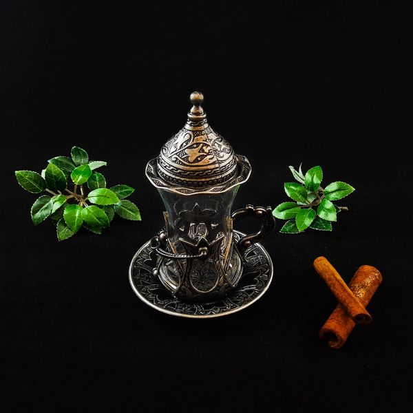Турецкий стакан Армуды с лукумницей для чая и кофе. Темное Серебро 14525 фото