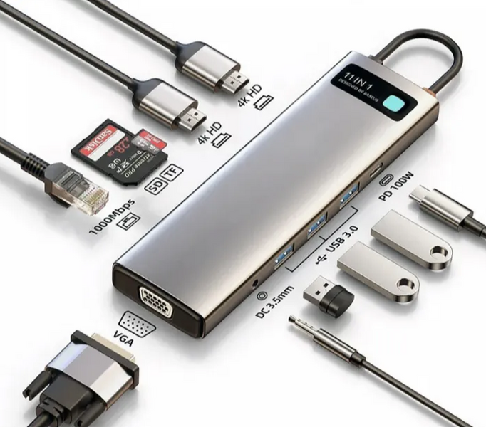 Концентратор хаб USB Type-C 11в1 VGA зарядный картридер 100Вт Baseus Metal Gleam CAHUB-CT0G 3137 фото