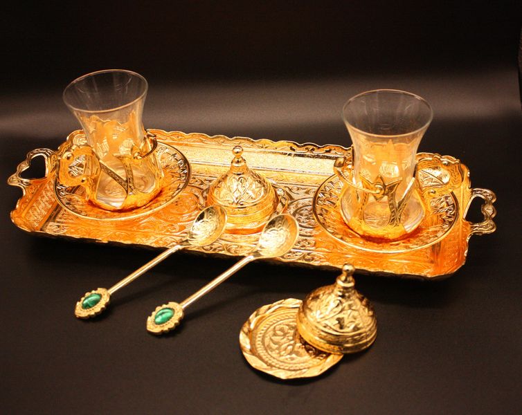 Турецкий набор #4 для подачи кофе и чая Армуды на подносе Золото 15166 фото