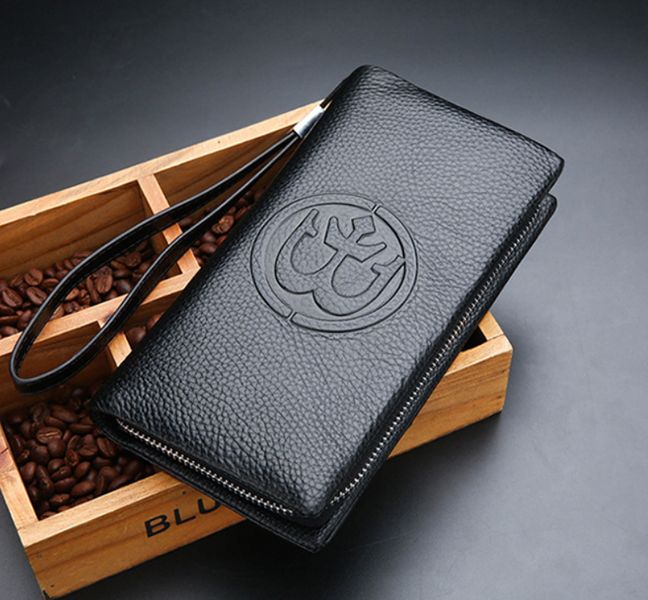 Мужской кожаный клатч кошелек с отделом для телефона черный 1454 фото