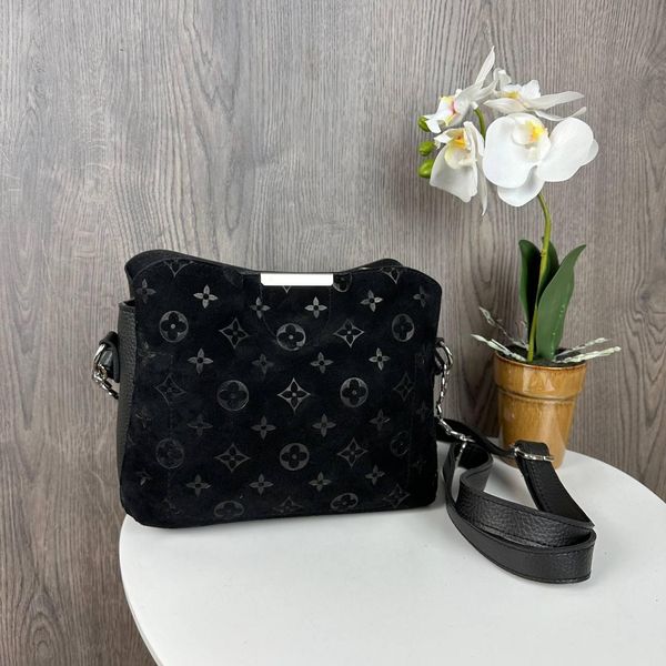 Замшева жіноча сумочка з тисненням, міні сумка для дівчат натуральна замша чорна 1301 фото