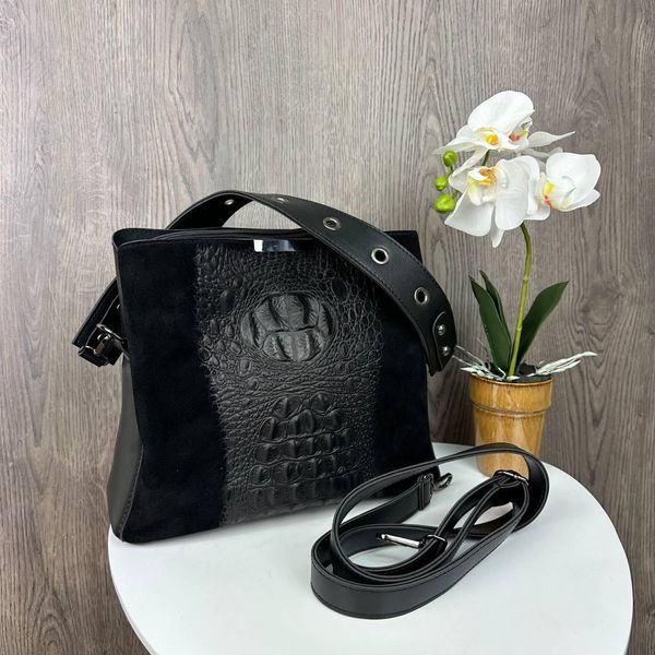 Замшевая женская сумка кожа рептилии черная, сумочка натуральная замша рептилия крокодил 1425 фото