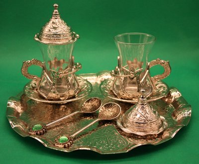 Турецкий набор #48 для кофе Армуды, лукумницы, ложечки Серебро на подносе 14820 фото
