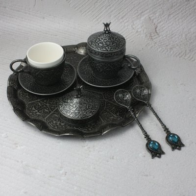 Турецкий набор #137 для подачи кофе чашки 110 мл демитас на подносе Темное серебро 18706 фото